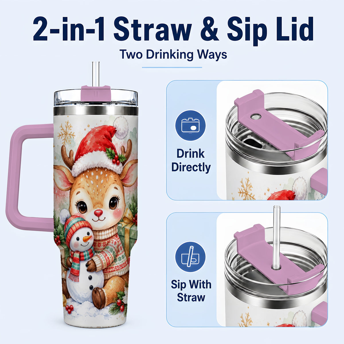 #pl[40oz|Pink] Watercolor Reindeer 40oz Tumbler with Handle, Snowman Travel Cup