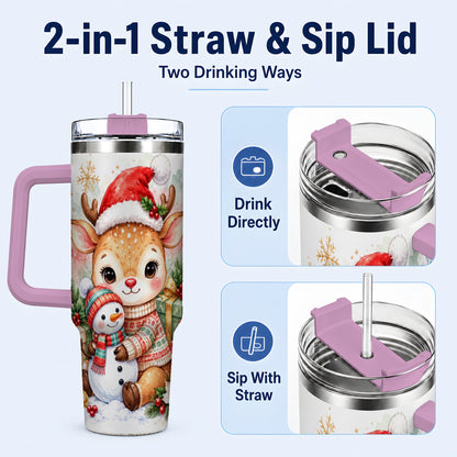 #pl[40oz|Pink] Watercolor Reindeer 40oz Tumbler with Handle, Snowman Travel Cup