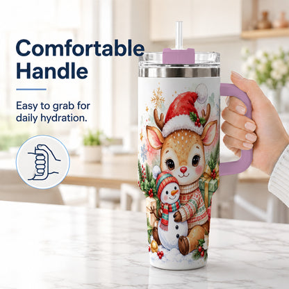 #pl[40oz|Pink] Watercolor Reindeer 40oz Tumbler with Handle, Snowman Travel Cup