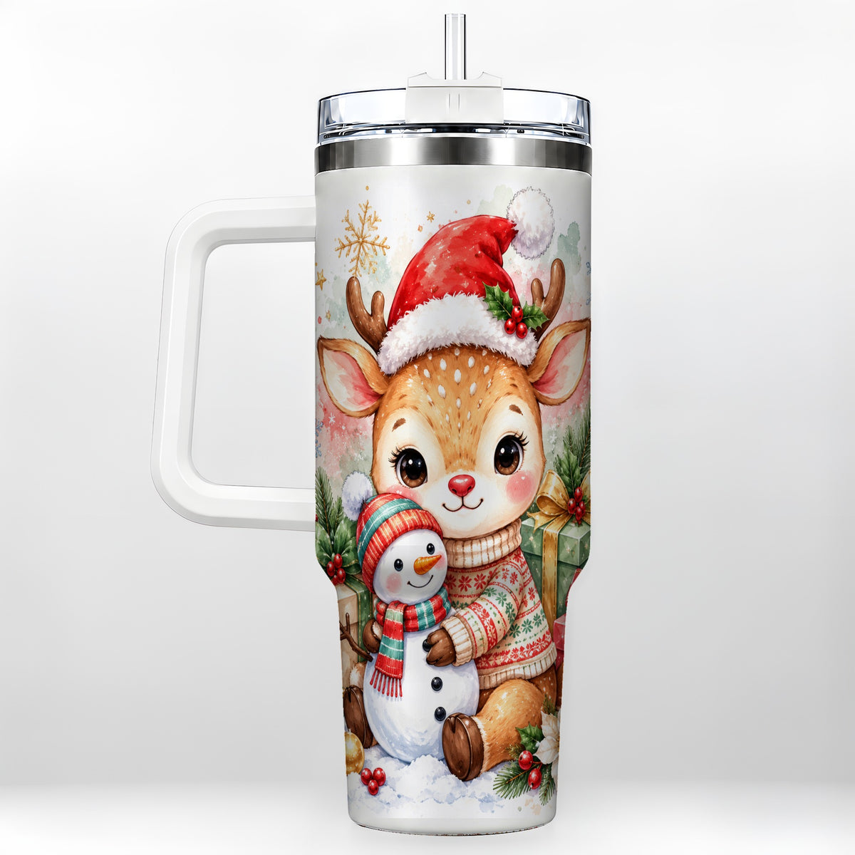 Watercolor Reindeer 40oz Tumbler with Handle, Snowman Travel Cup