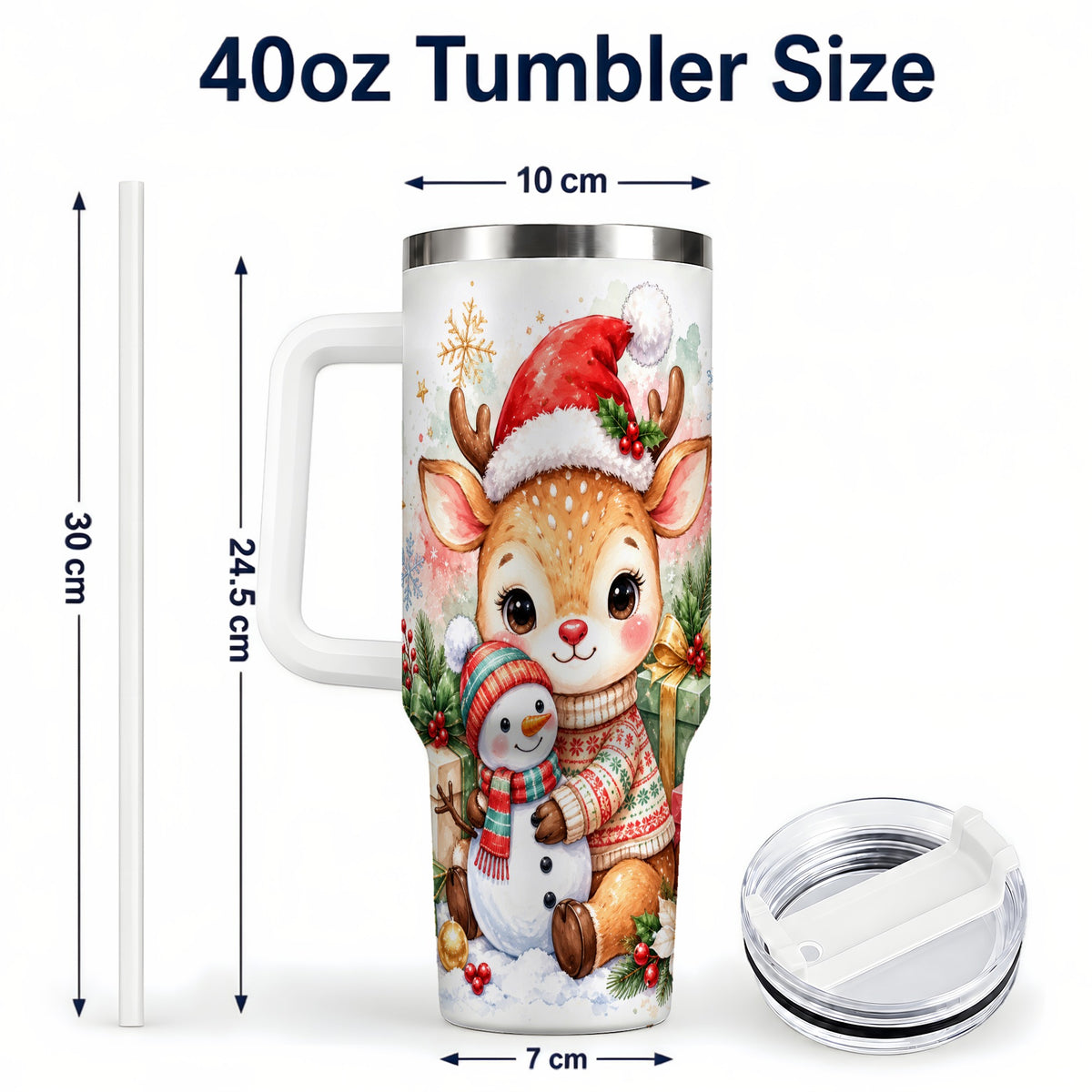 #pl[40oz|White] Watercolor Reindeer 40oz Tumbler with Handle, Snowman Travel Cup