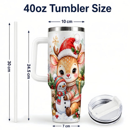 #pl[40oz|White] Watercolor Reindeer 40oz Tumbler with Handle, Snowman Travel Cup