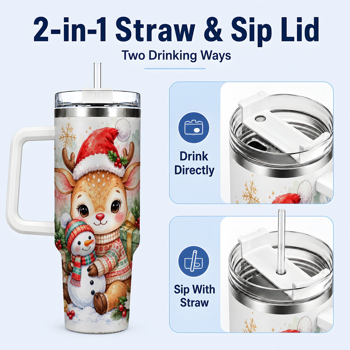 #pl[40oz|White] Watercolor Reindeer 40oz Tumbler with Handle, Snowman Travel Cup