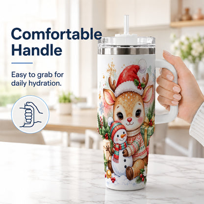 #pl[40oz|White] Watercolor Reindeer 40oz Tumbler with Handle, Snowman Travel Cup