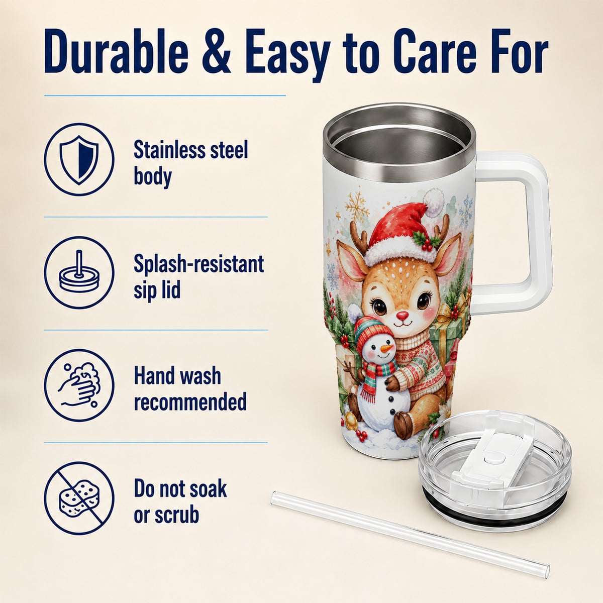Watercolor Reindeer 40oz Tumbler with Handle, Snowman Travel Cup