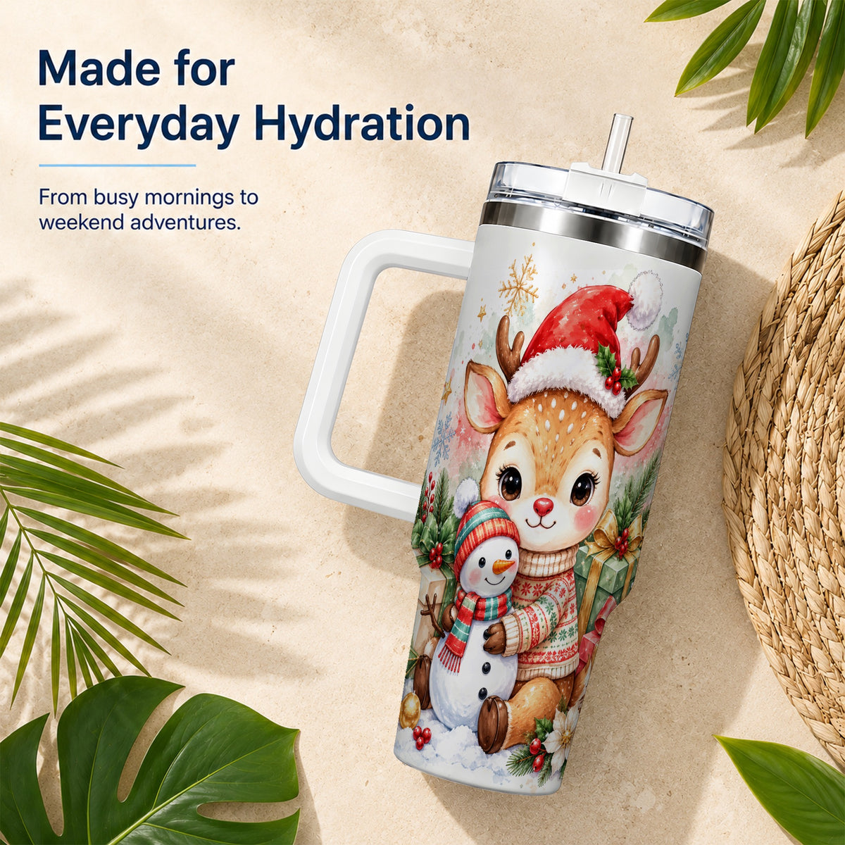 Watercolor Reindeer 40oz Tumbler with Handle, Snowman Travel Cup