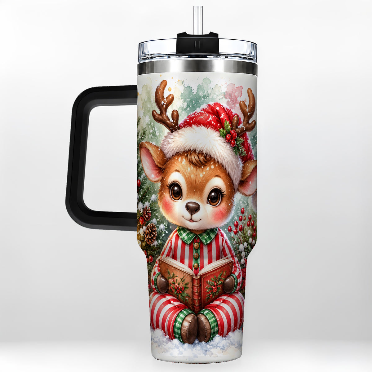 #pl[40oz|Black] Reading Reindeer 40oz Tumbler with Handle, Holiday Travel Cup