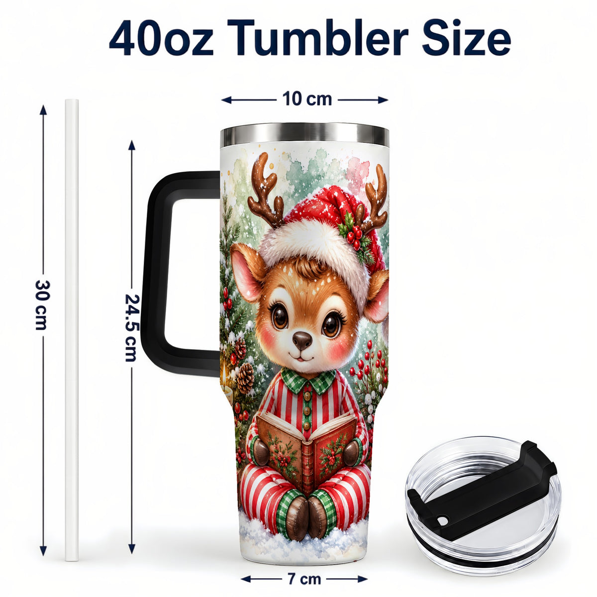 #pl[40oz|Black] Reading Reindeer 40oz Tumbler with Handle, Holiday Travel Cup