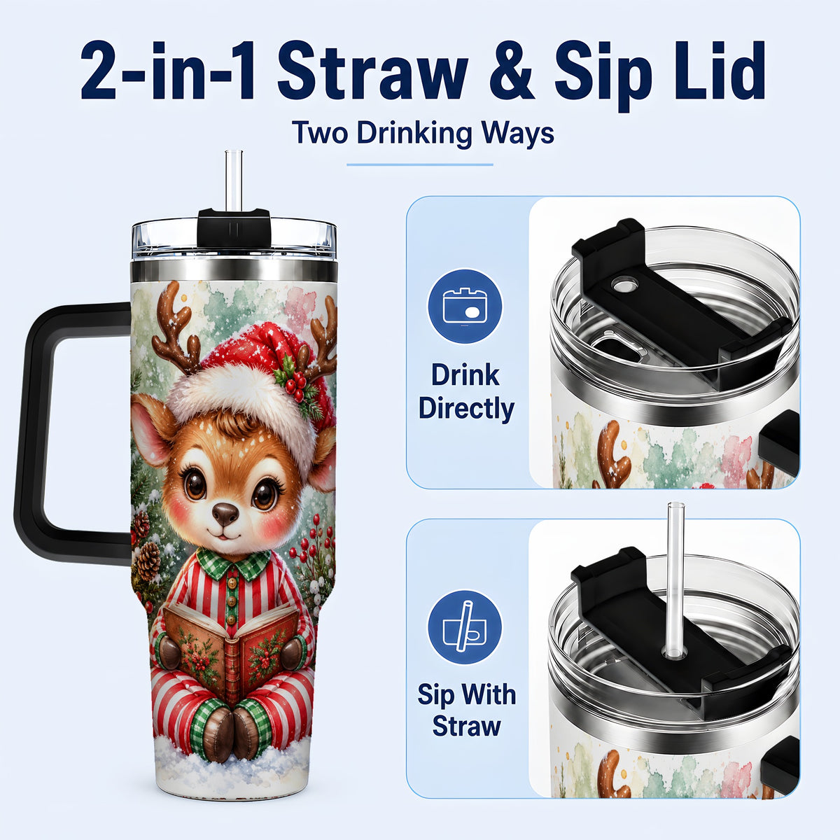 #pl[40oz|Black] Reading Reindeer 40oz Tumbler with Handle, Holiday Travel Cup