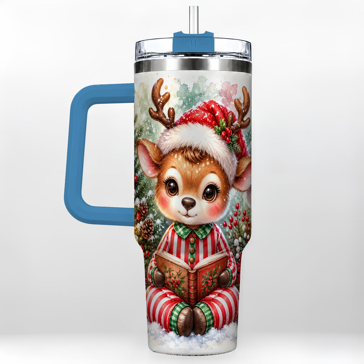 #pl[40oz|Blue] Reading Reindeer 40oz Tumbler with Handle, Holiday Travel Cup