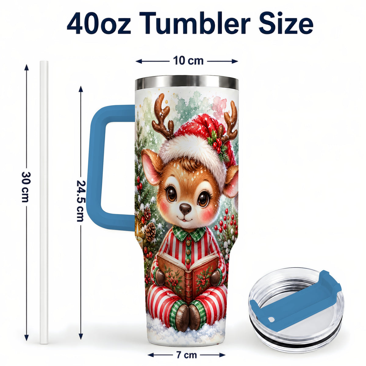 #pl[40oz|Blue] Reading Reindeer 40oz Tumbler with Handle, Holiday Travel Cup