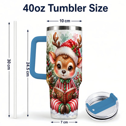 #pl[40oz|Blue] Reading Reindeer 40oz Tumbler with Handle, Holiday Travel Cup