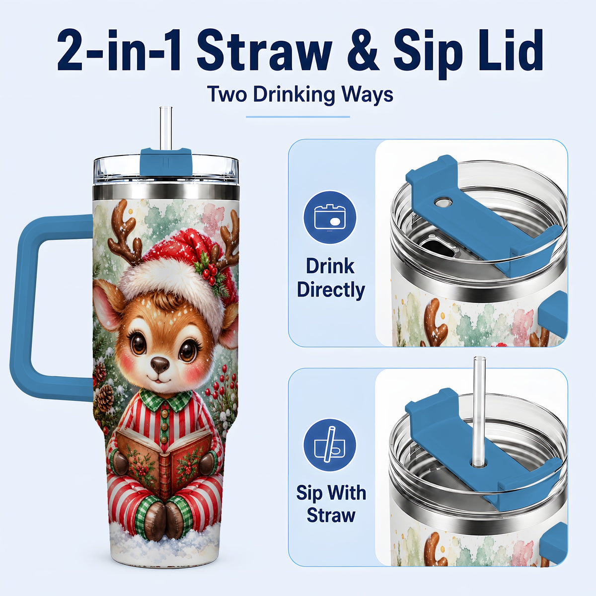 #pl[40oz|Blue] Reading Reindeer 40oz Tumbler with Handle, Holiday Travel Cup