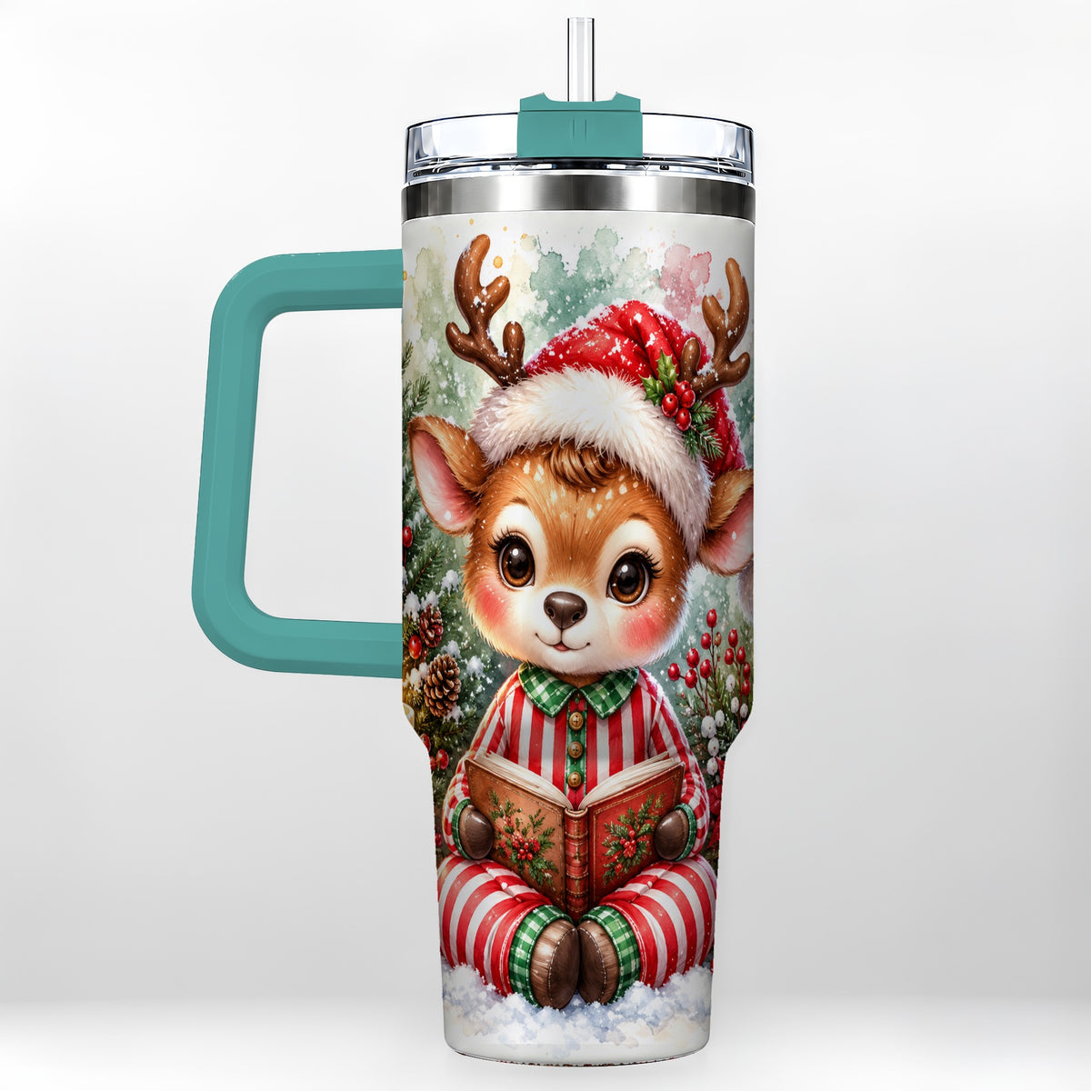 #pl[40oz|Green] Reading Reindeer 40oz Tumbler with Handle, Holiday Travel Cup