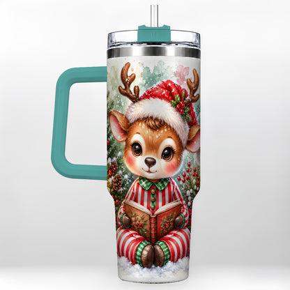 #pl[40oz|Green] Reading Reindeer 40oz Tumbler with Handle, Holiday Travel Cup