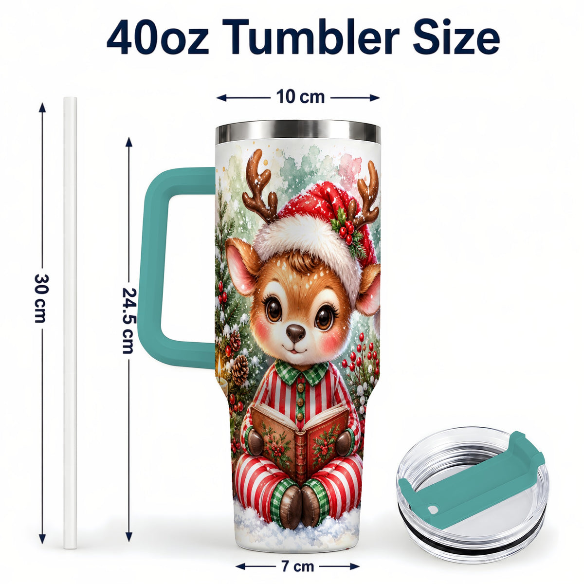 #pl[40oz|Green] Reading Reindeer 40oz Tumbler with Handle, Holiday Travel Cup