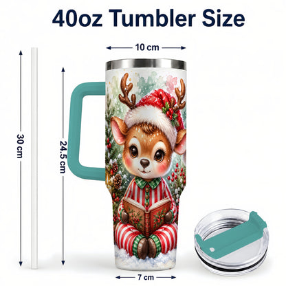 #pl[40oz|Green] Reading Reindeer 40oz Tumbler with Handle, Holiday Travel Cup