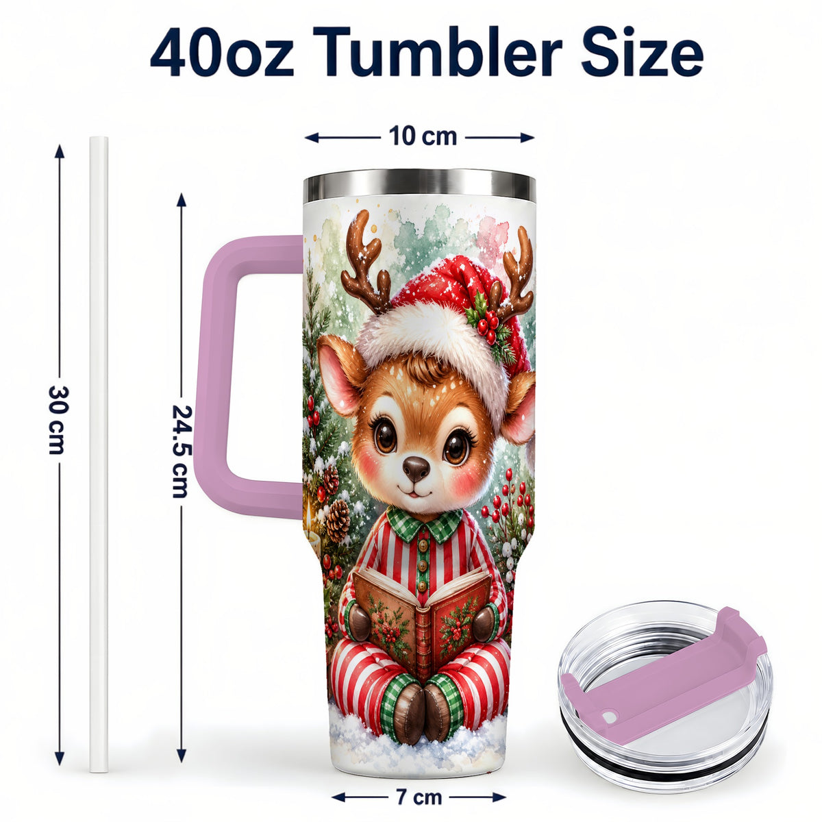 #pl[40oz|Pink] Reading Reindeer 40oz Tumbler with Handle, Holiday Travel Cup