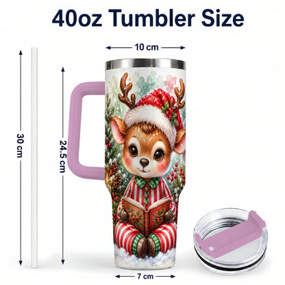 #pl[40oz|Pink] Reading Reindeer 40oz Tumbler with Handle, Holiday Travel Cup
