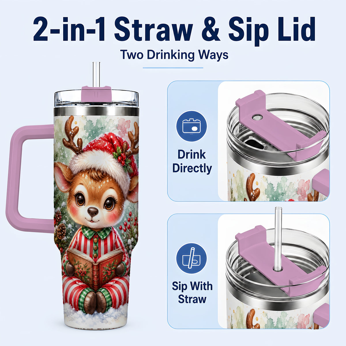 #pl[40oz|Pink] Reading Reindeer 40oz Tumbler with Handle, Holiday Travel Cup