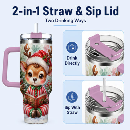 #pl[40oz|Pink] Reading Reindeer 40oz Tumbler with Handle, Holiday Travel Cup