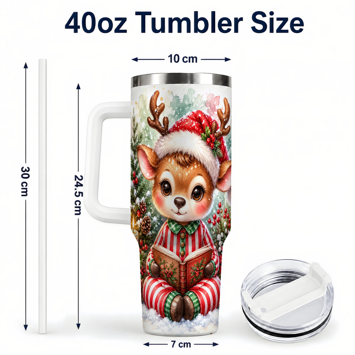 #pl[40oz|White] Reading Reindeer 40oz Tumbler with Handle, Holiday Travel Cup