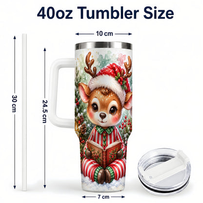 #pl[40oz|White] Reading Reindeer 40oz Tumbler with Handle, Holiday Travel Cup