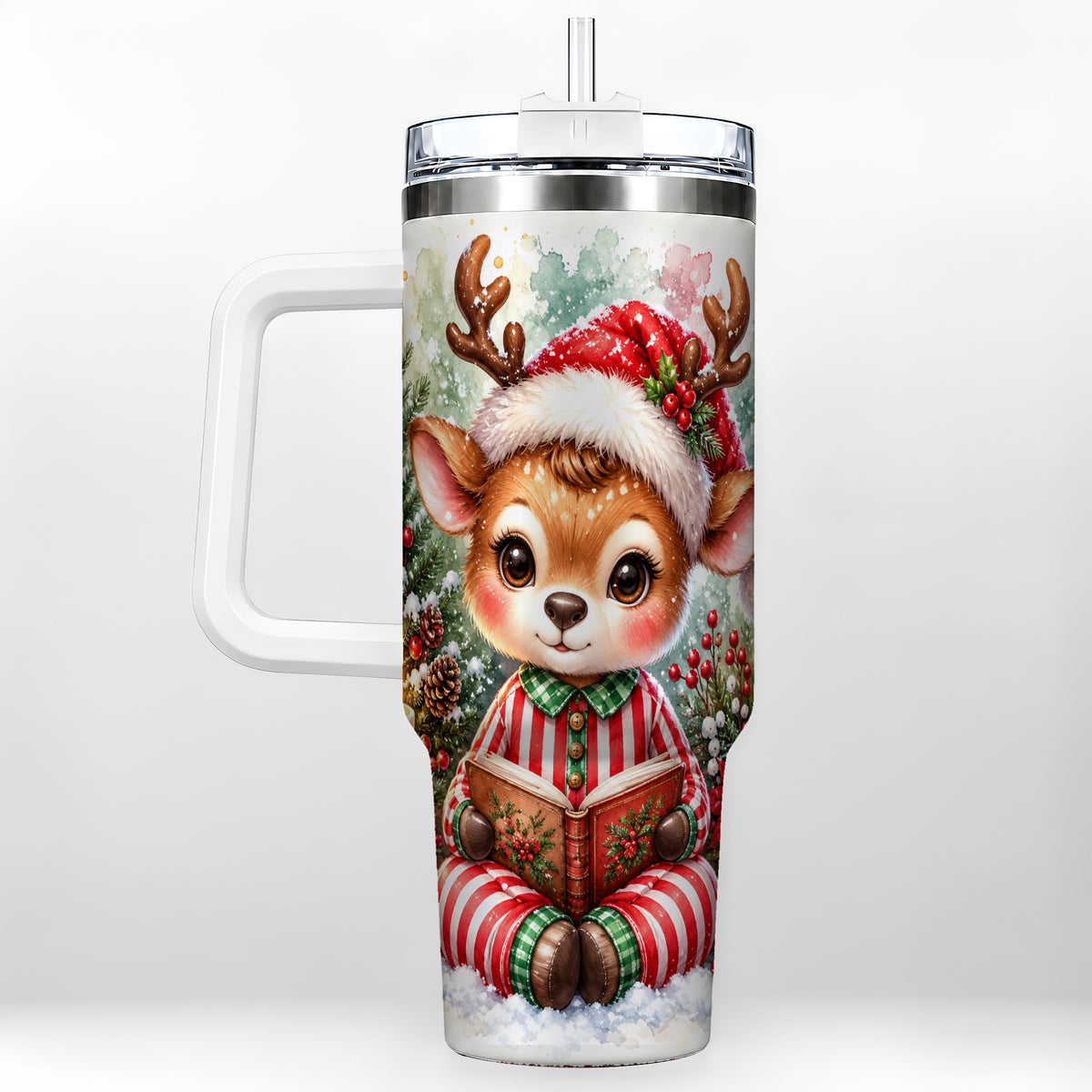 Reading Reindeer 40oz Tumbler with Handle, Holiday Travel Cup