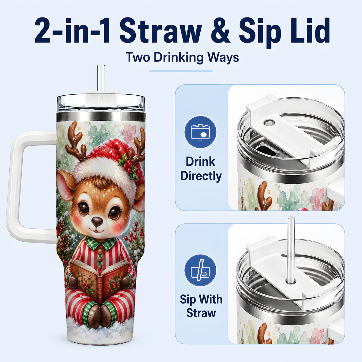 #pl[40oz|White] Reading Reindeer 40oz Tumbler with Handle, Holiday Travel Cup