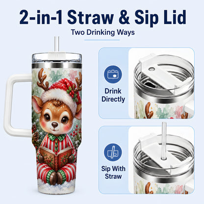 #pl[40oz|White] Reading Reindeer 40oz Tumbler with Handle, Holiday Travel Cup