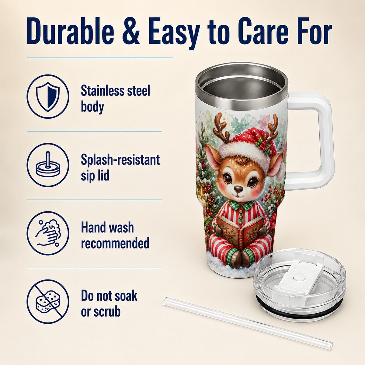 Reading Reindeer 40oz Tumbler with Handle, Holiday Travel Cup