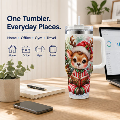 Reading Reindeer 40oz Tumbler with Handle, Holiday Travel Cup