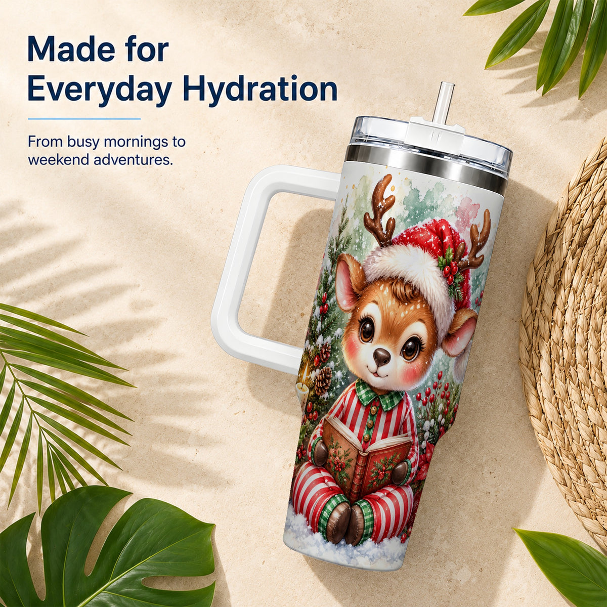 Reading Reindeer 40oz Tumbler with Handle, Holiday Travel Cup