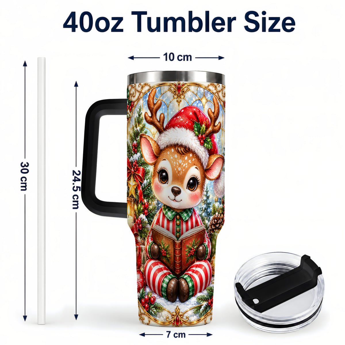 #pl[40oz|Black] Ornate Reindeer 40oz Tumbler with Handle, Reading Travel Cup
