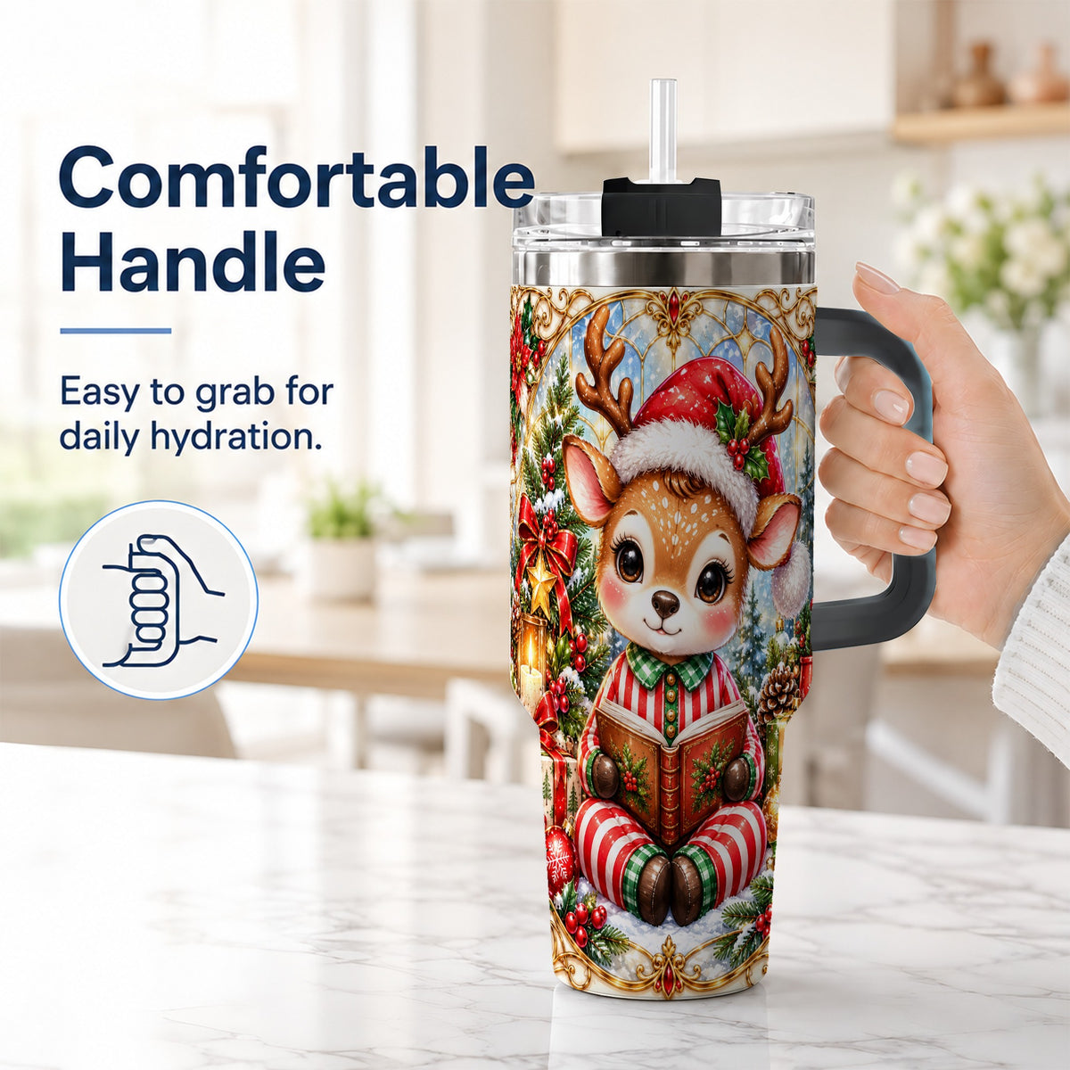 #pl[40oz|Black] Ornate Reindeer 40oz Tumbler with Handle, Reading Travel Cup