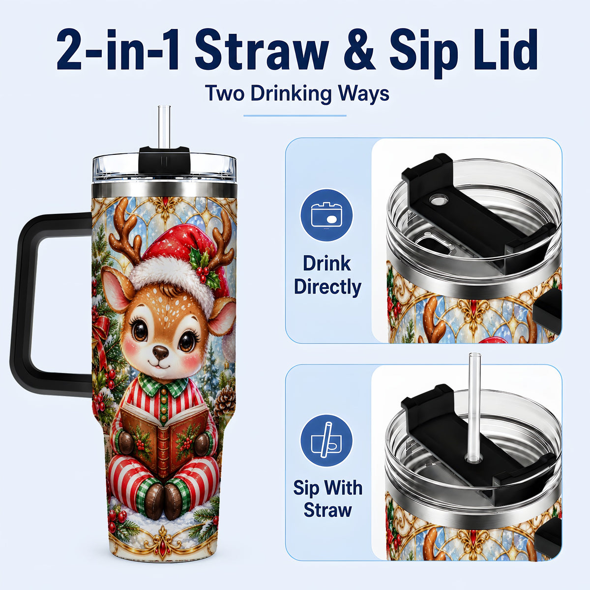 #pl[40oz|Black] Ornate Reindeer 40oz Tumbler with Handle, Reading Travel Cup