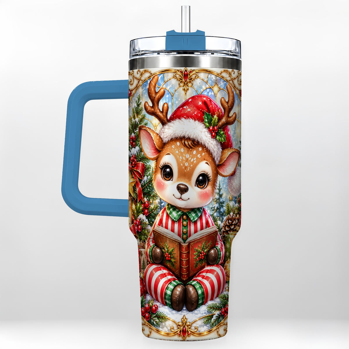 #pl[40oz|Blue] Ornate Reindeer 40oz Tumbler with Handle, Reading Travel Cup
