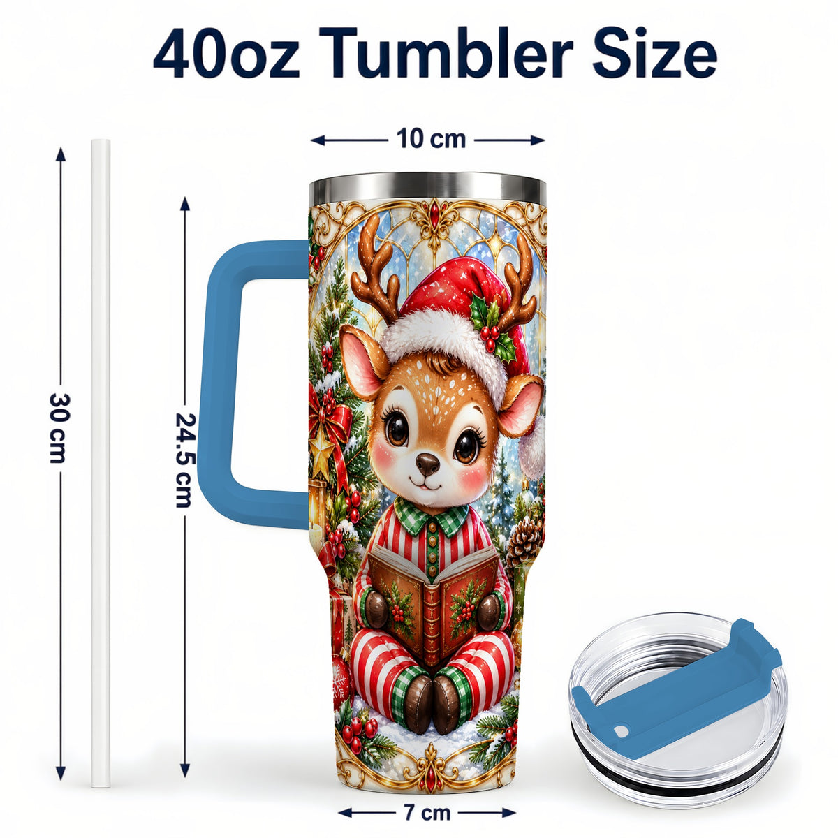 #pl[40oz|Blue] Ornate Reindeer 40oz Tumbler with Handle, Reading Travel Cup