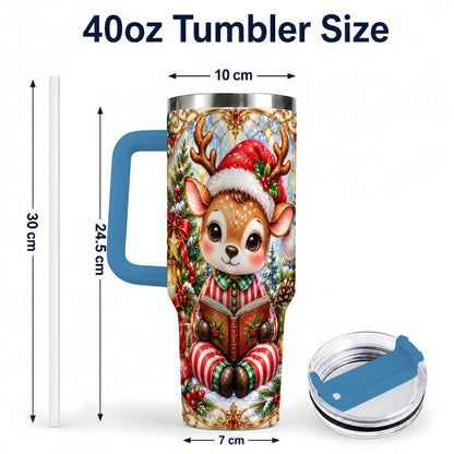 #pl[40oz|Blue] Ornate Reindeer 40oz Tumbler with Handle, Reading Travel Cup