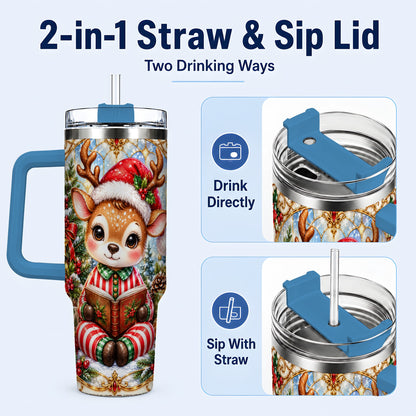 #pl[40oz|Blue] Ornate Reindeer 40oz Tumbler with Handle, Reading Travel Cup