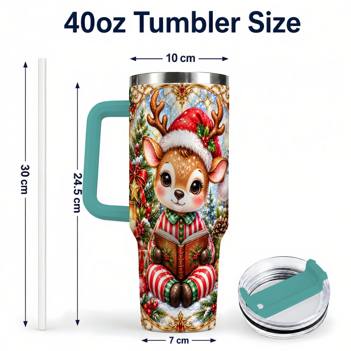 #pl[40oz|Green] Ornate Reindeer 40oz Tumbler with Handle, Reading Travel Cup