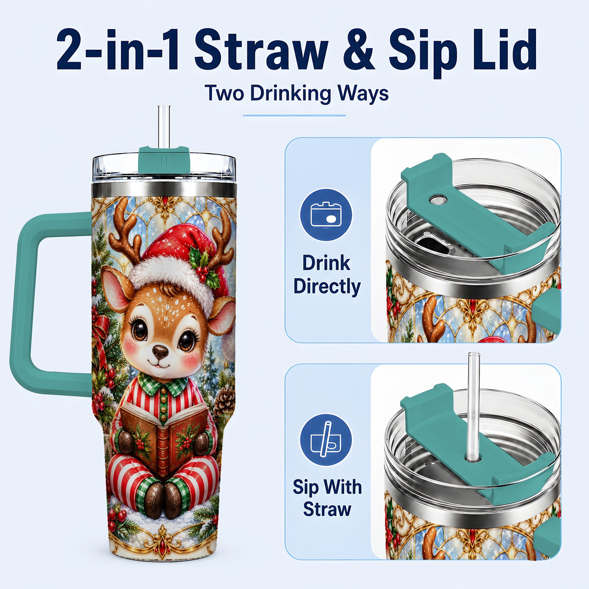 #pl[40oz|Green] Ornate Reindeer 40oz Tumbler with Handle, Reading Travel Cup