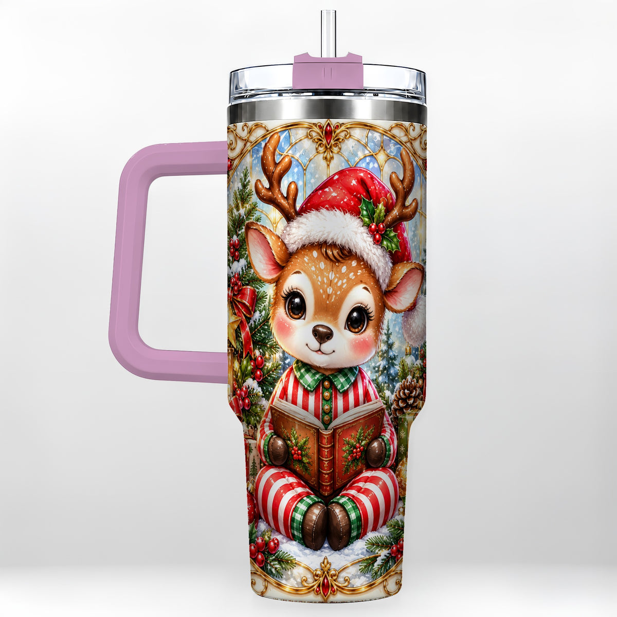 #pl[40oz|Pink] Ornate Reindeer 40oz Tumbler with Handle, Reading Travel Cup