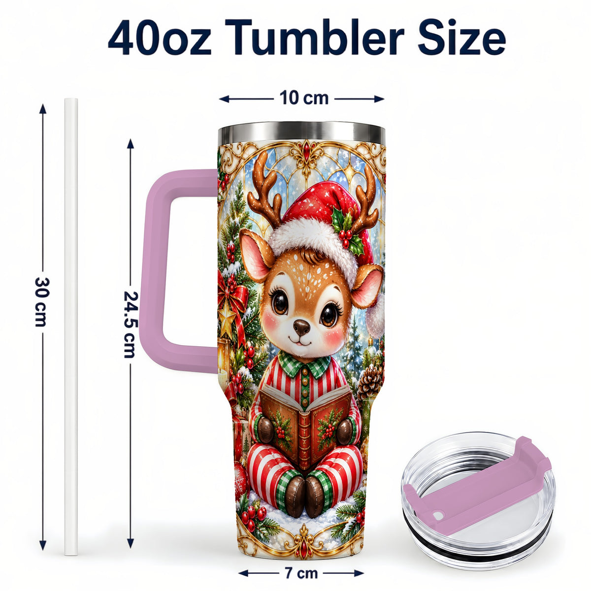 #pl[40oz|Pink] Ornate Reindeer 40oz Tumbler with Handle, Reading Travel Cup