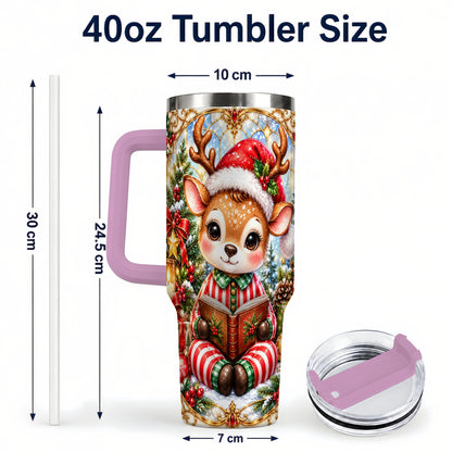 #pl[40oz|Pink] Ornate Reindeer 40oz Tumbler with Handle, Reading Travel Cup