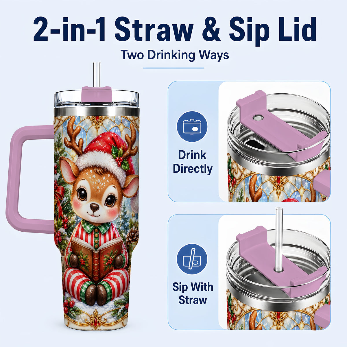 #pl[40oz|Pink] Ornate Reindeer 40oz Tumbler with Handle, Reading Travel Cup