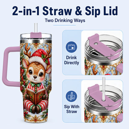 #pl[40oz|Pink] Ornate Reindeer 40oz Tumbler with Handle, Reading Travel Cup