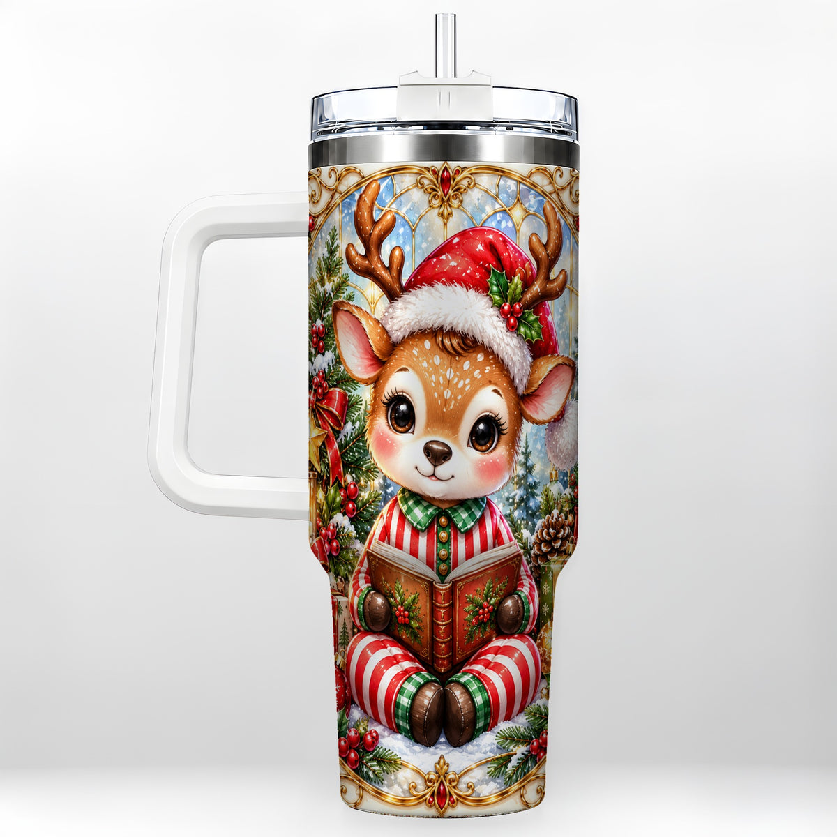 Ornate Reindeer 40oz Tumbler with Handle, Reading Travel Cup