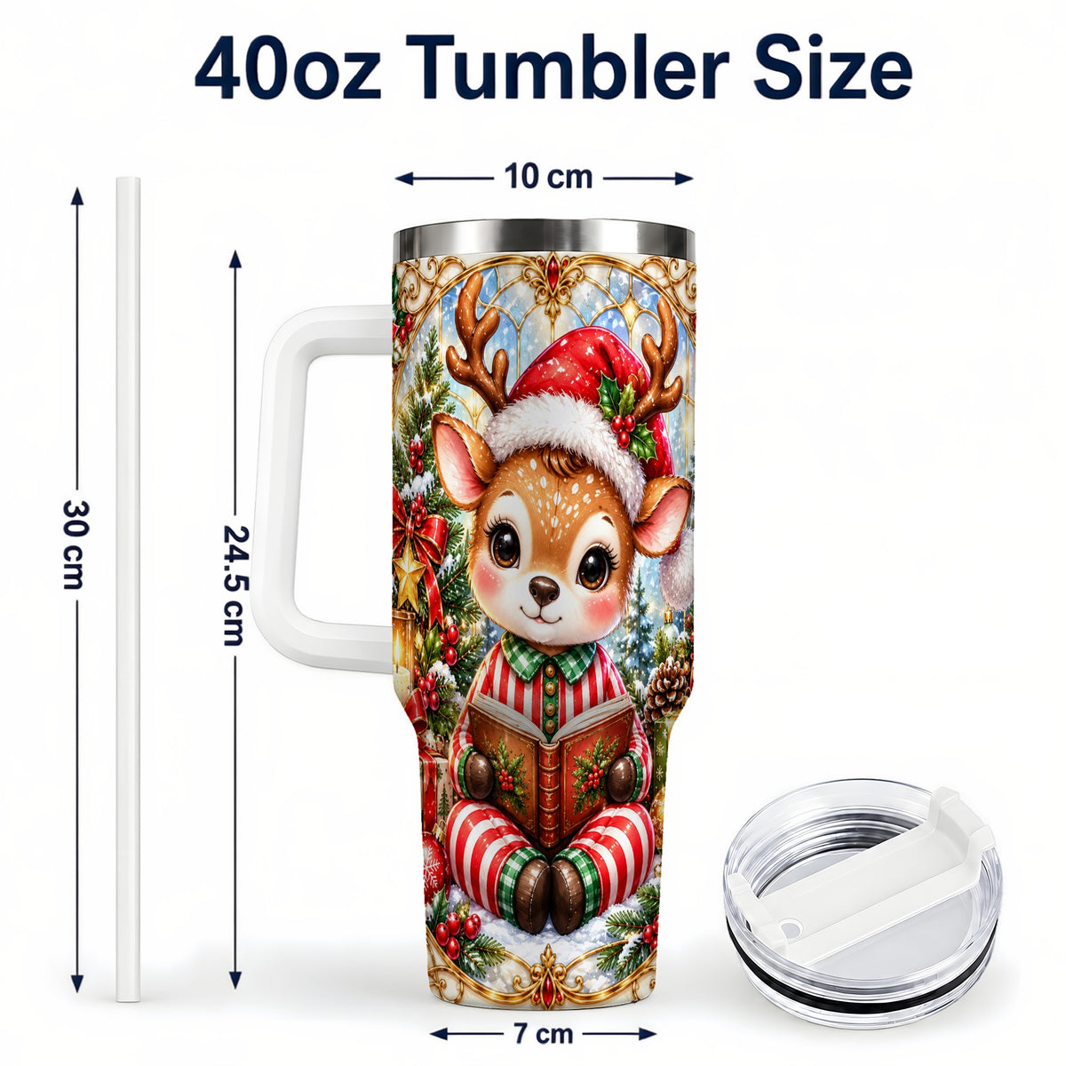 #pl[40oz|White] Ornate Reindeer 40oz Tumbler with Handle, Reading Travel Cup