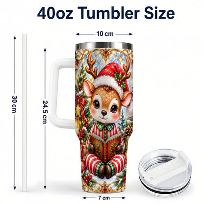 #pl[40oz|White] Ornate Reindeer 40oz Tumbler with Handle, Reading Travel Cup